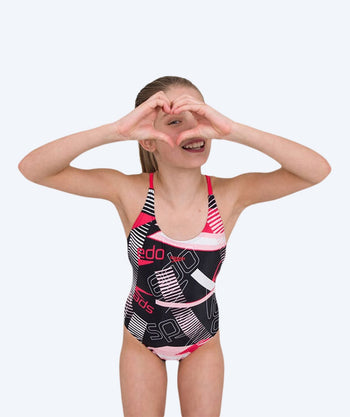 Speedo Badeanzug für Mädchen - Junglespeak Allover Tieback - Schwarz/rot/rosa